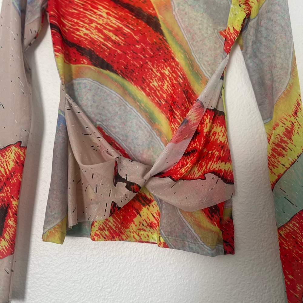 Ru by Rupal Fire Print Mesh Twist Top Long Sleeve Abstractm - Picture 3 of 4